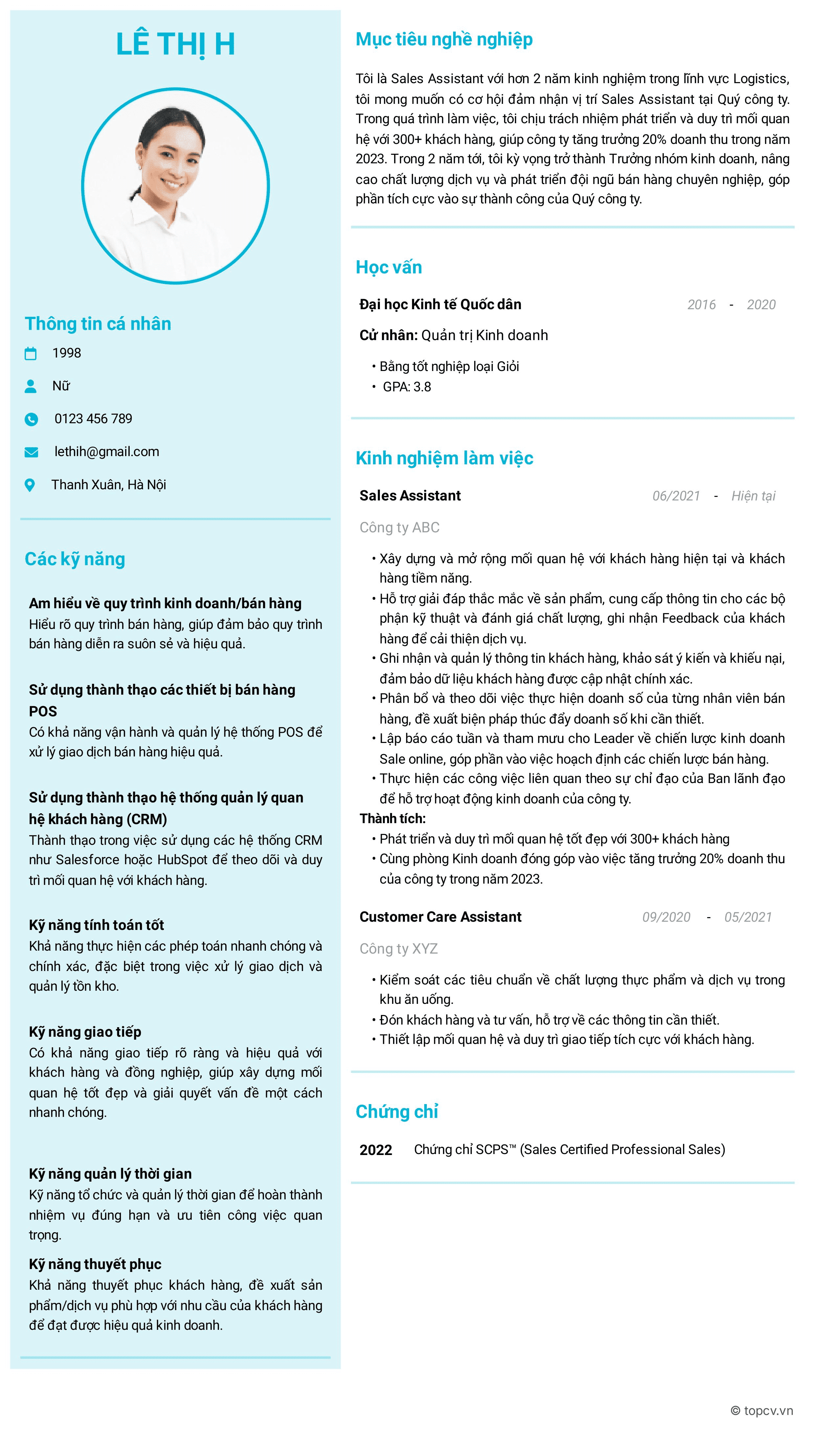 Mẫu CV Sales Assistant chuẩn, chuyên nghiệp